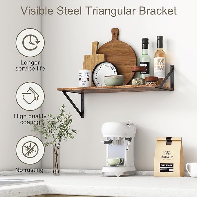 Deep Floating Shelves, 12 Inch Deep Floating Shelves for Wall, 24"W x 12"D Wall Shelves for Books, Large Rustic Wooden Shelf, Wide Display Shelf for Bathroom, Living Room, Rustic Brown, Set of 2