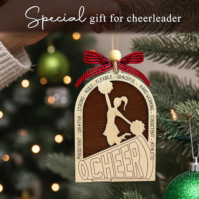 Cheerleader Christmas Ornament 2025 - Cheerleader Gifts for Girls - Gifts for Cheerleaders, Cheer Coach - Cheerleading Ornament Hanging Decor - 2 Layer Wood Cheerleading Ornaments for Christmas Tree