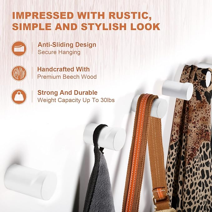 Wood Wall Hooks 6 Pack, Modern Decorative Coat Hooks Wall Mounted, Handmade White Hat Hooks Heavy Duty Entryway Wall Hangers for Hanging Towels Robes Purses (White)