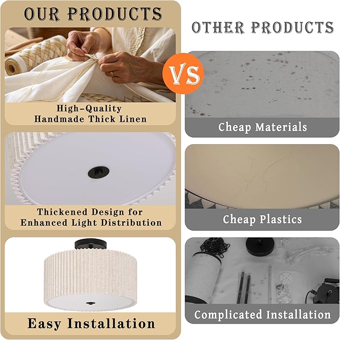 3-Light Semi Flush Mount Ceiling Lights Fixture 15.7 Inch Drum Light Fixture Drum Ceiling Lights with Pleated Fabric Shade Black Close to Light Fixtures for Hallway Living Room