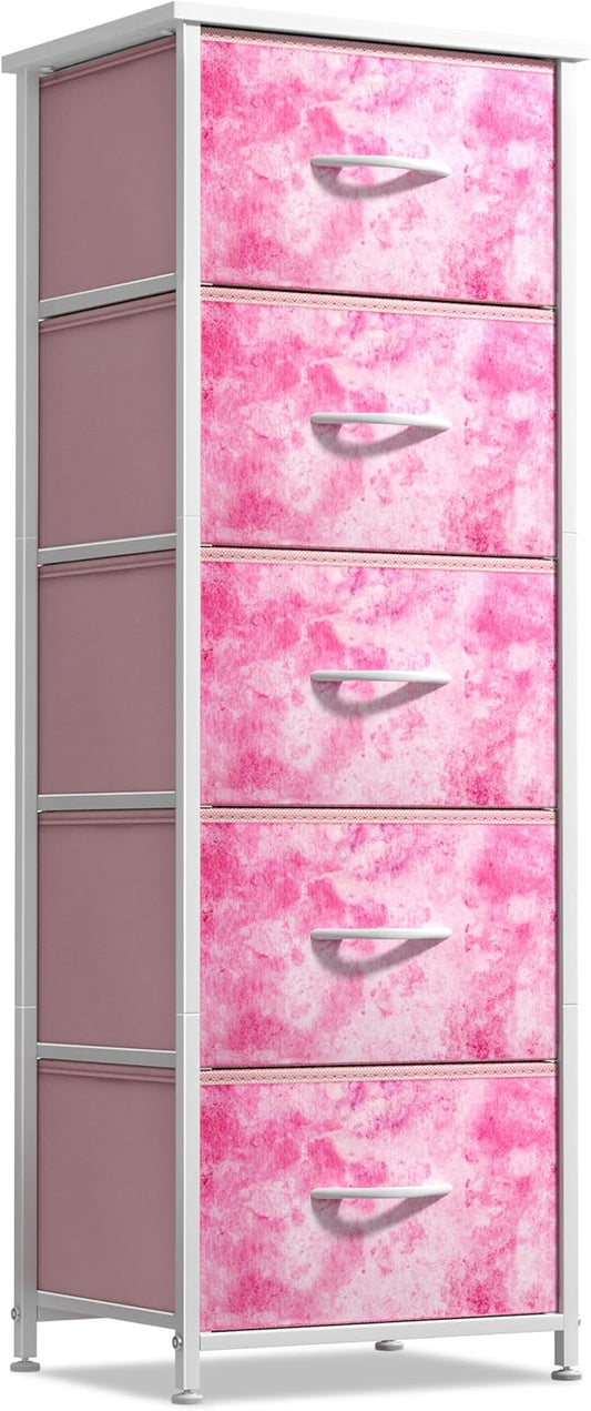 Sorbus Fabric Dresser for Kids Bedroom - Chest of 5 Drawers, Tall Storage Tower, Clothing Organizer, for Closet, for Playroom, for Nursery, Steel Frame, Fabric Bins - Wood Handle (Tie-dye Pink)