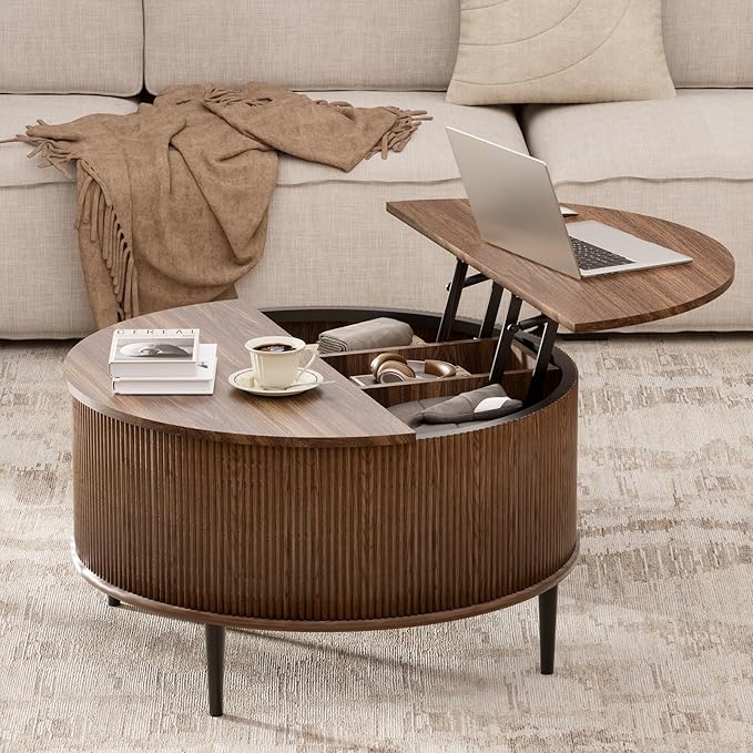 Yechen 31.5" Round Coffee Table with Storage,Fluted Lift Top Center Table, Midcentury Modern Flip-top Curved Table for Living Room,Walnut