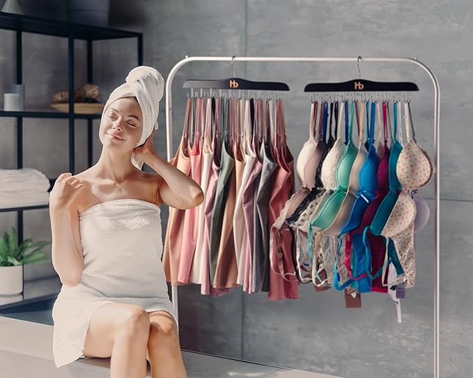 Large Bra Hanger and Bra Organizer for Closet – Tank Top Hanger Space Saving for House, Dorm, Apartment - Foldable Wooden for Closet Organizer– with 20 Hooks, Lotus Wood, Black, 2 Pack