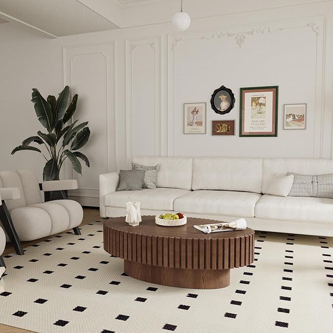 Oval Coffee Table for Living Room, 43.3'' Modern Handcraft Drum Coffee Table Unique Fluted Coffee Tables Wood Center Table End Table for Small Space, Farmhouse Apartment Office (Oval Brown)