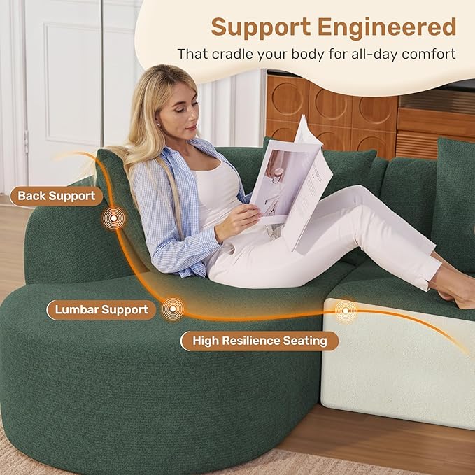 114 Inch Boneless Couches for Living Room,Modern Modular Sectional Sofa with Chaise,L-Shape Cloud Sectional Couch,No Assembly Required,Green