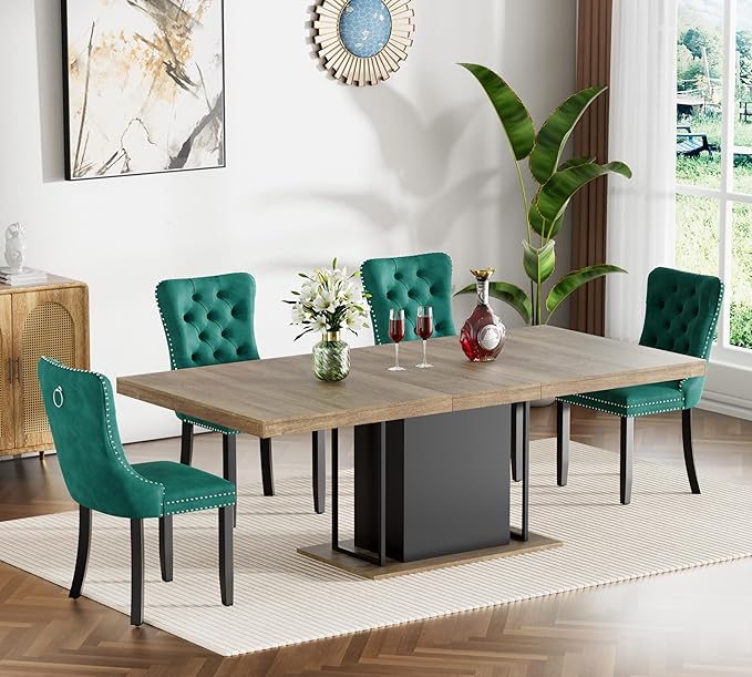 Goujxcy 78.7" Farmhouse Extendable Dining Room Table Set for 4, 5-Piece Rectangle Kitchen Dining Room Table Set with Wood Base and 4 Green Velvet Dining Chairs, Extending Kitchen & Dining Table Set