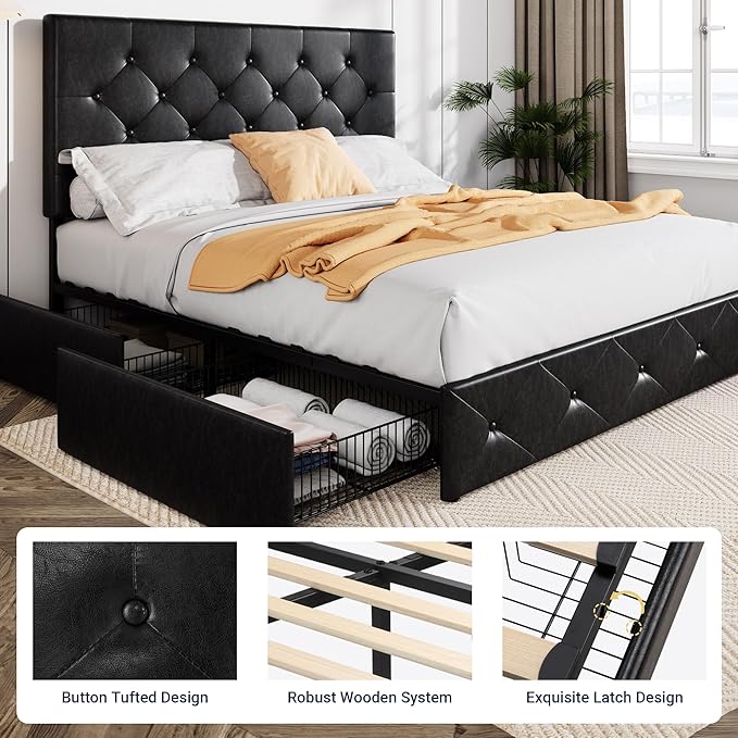 Allewie Upholstered Queen Size Platform Bed Frame with 4 Storage Drawers and Headboard, Diamond Stitched Button Tufted, Mattress Foundation with Wooden Slats Support, No Box Spring Needed, Black