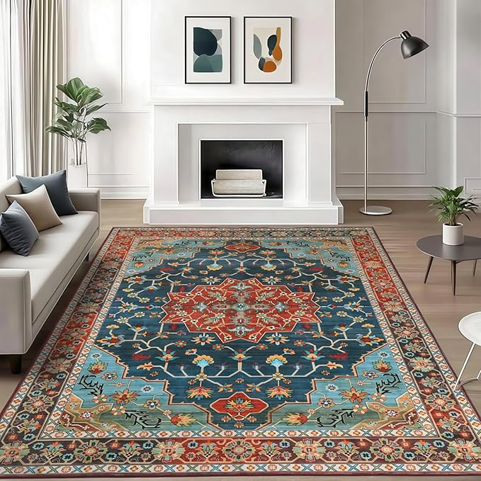 WILLSUN Washable Area Rugs, 5x7 Non-Slip Boho Large Area Rugs for Living Room, Bedroom, Machine Washable Vintage Rug, Indoor Floral Print Carpet for Home Decor, Kid & Pet Friendly Mat