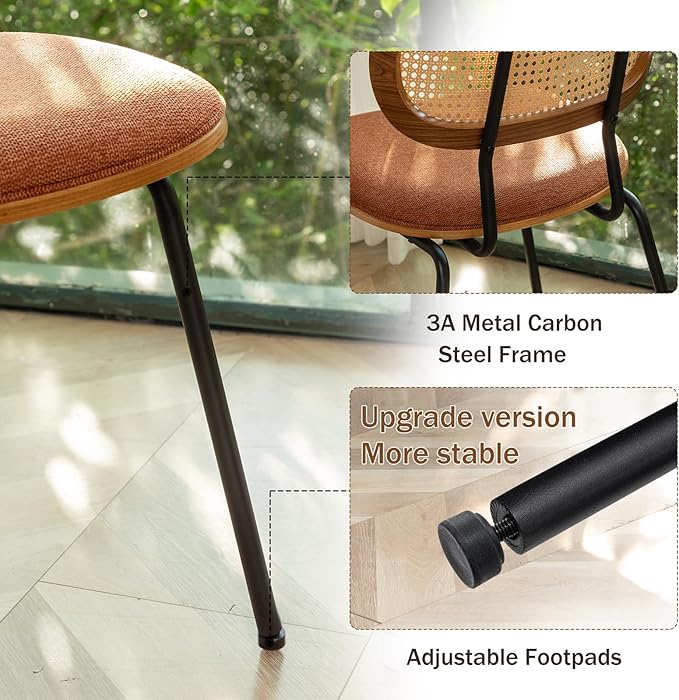 Rattan Dining Chairs Set of 2, Christmas Decoration Mid Century Modern Dining Chairs with Cane Back for Kitchen Dining Room, 19 Inch Fabric Orange