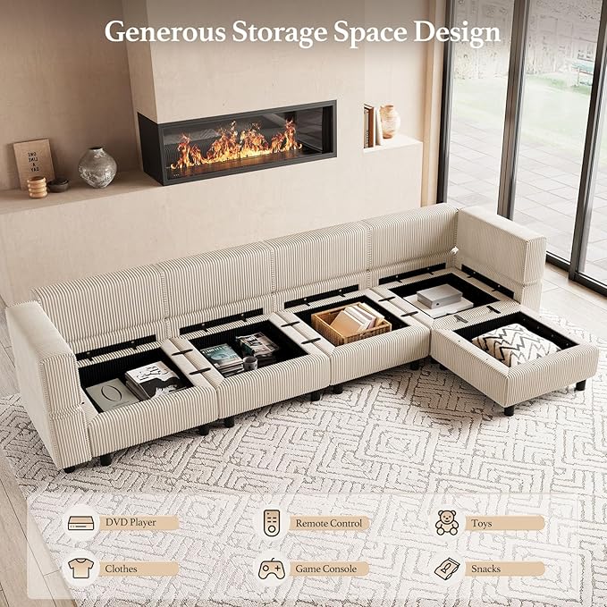 114.2" 5 Seater Modular Sofa with Deep Storage Seat,Corduroy Convertible L Shaped Sectional Couch,Modular Couch with Movable Ottoman Chaise,Upholstered Sectional Couches for Living Room,Beige