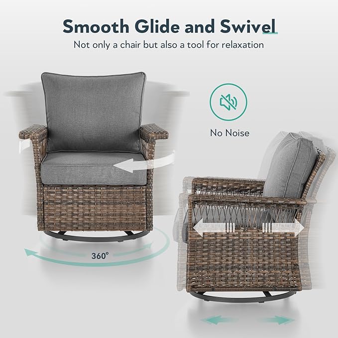 5 Pieces Wicker Patio Furniture Set - Hollow Widen Armrests Outdoor Swivel Glider Chairs with Side Table & Ottomans, Small Patio Conversation Set for Balcony Porch Deck and Yard - Brown/Gray