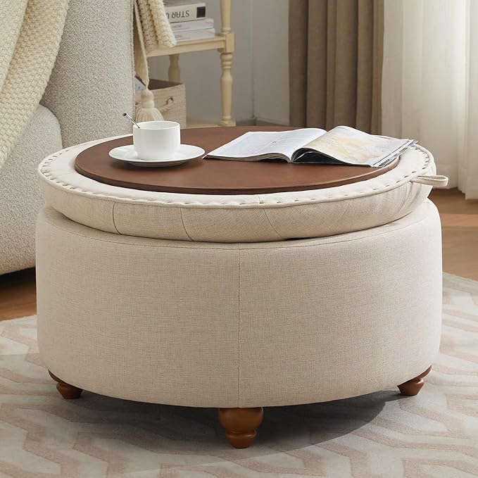 30Inch Round Storage Ottoman with Tray, Modern Tufted Fabric Circle Coffee Table with Storage, Upholstered Ottoman with Removable Top for Living Room, Bedroom, Khaki