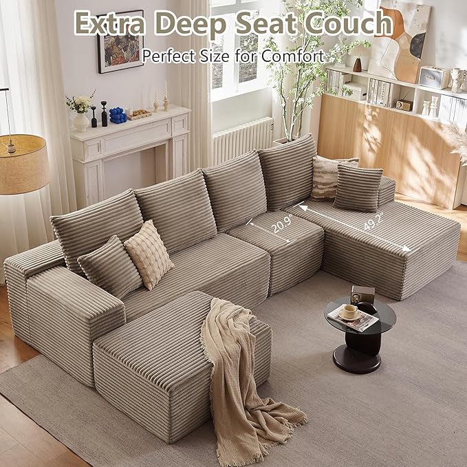 135" U-Shape Cloud Couch, Modern Modular Sectional Comfy L-Shape Sofa with Ottoman, Deep Seat, Upholstered Corduroy Sleeper Chaise Longue for Living Room Bedroom, No Assembly Required, Camel