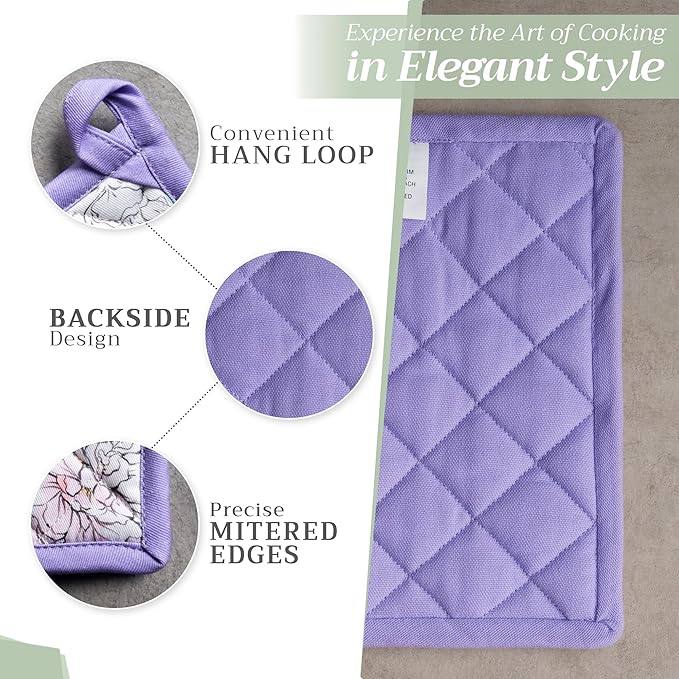 Maison d' Hermine Pot Holders Set 100% Cotton Heat Resistant Potholders 8" x 8" Hot Pads with Loop BBQ, Cooking, Baking, Grilling, Kitchen, Handling Hot Pans Spring/Summer (Pack of 2, Floral Love)