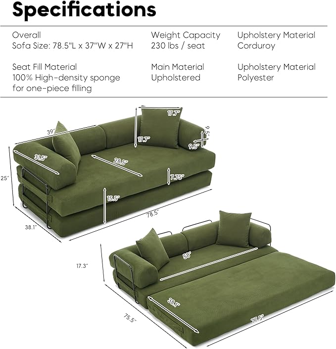 Convertible Sleeper Sofa Bed with Cylindrical Pillow, Corduroy Folding Mattress Couch with Fixed-Shape Frame, Floor Sofa Lounge Couch for Living Room Bedroom Lounge Studio-Green