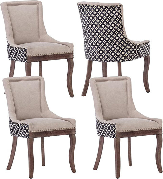 Farmhouse Dining Chairs Set of 4, Upholstered Fabric Dining Room Accent Chairs with Wood Legs & Bronze Nailhead, High Wingback Kitchen Chairs for Living Room Hotel Apartment, Beige Patterned