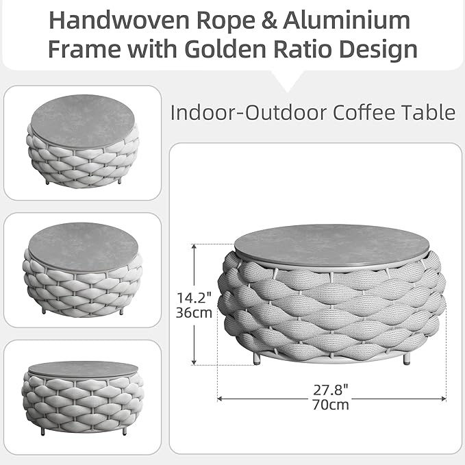 Round Coffee Table for Indoor & Outdoor Use, Aluminum Patio Furniture with Handwoven Ropes, Weather-Resistant for Garden, Terrace & Poolside (Gray)