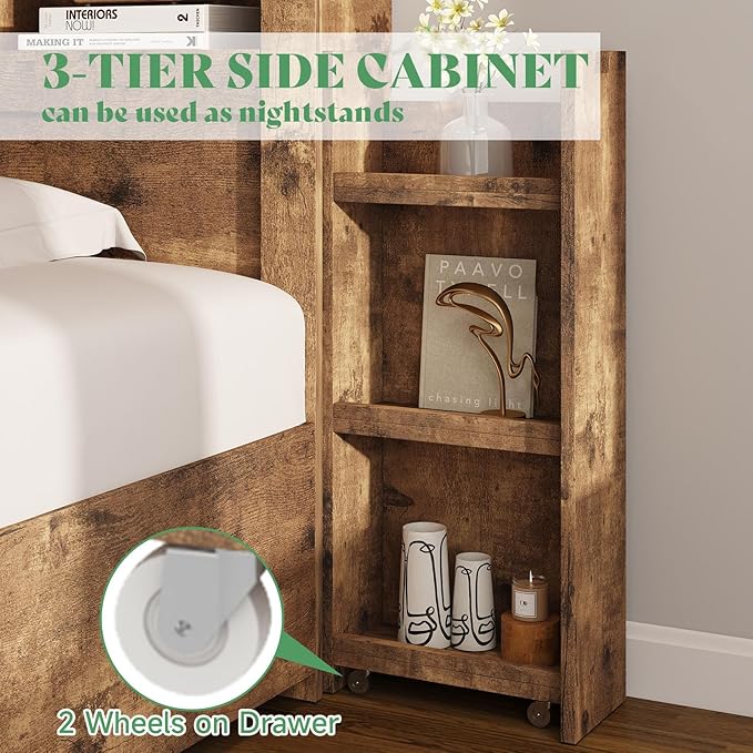 AMERLIFE Queen Bed Frame with 4 Storage Drawers, Wood Bed Frame with 49.6" Tall Bookcase Headboard, LED Platform Bed with Charging Station & 2 Slide Bedside Shelf, No Box Spring Needed/Rustic Brown