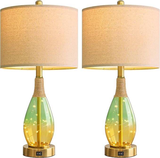 OYEARS 23" Table Lamps Set of 2,Farmhouse Lamps with Glass Nightlight, Bedside Lamps for Living Room, Rattan Lamps for Bedroom Nightstands, Two Light Points