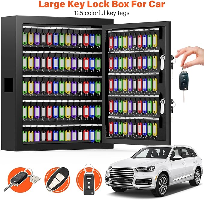 125 Keys Dual Lock Box Wall Mount, Anti-Theft Key Cabinet with Key Hooks & 125 Tags Key Labels, Steel Drop Slot Key Safe for Hotels & Office & Companies & Car Dealerships