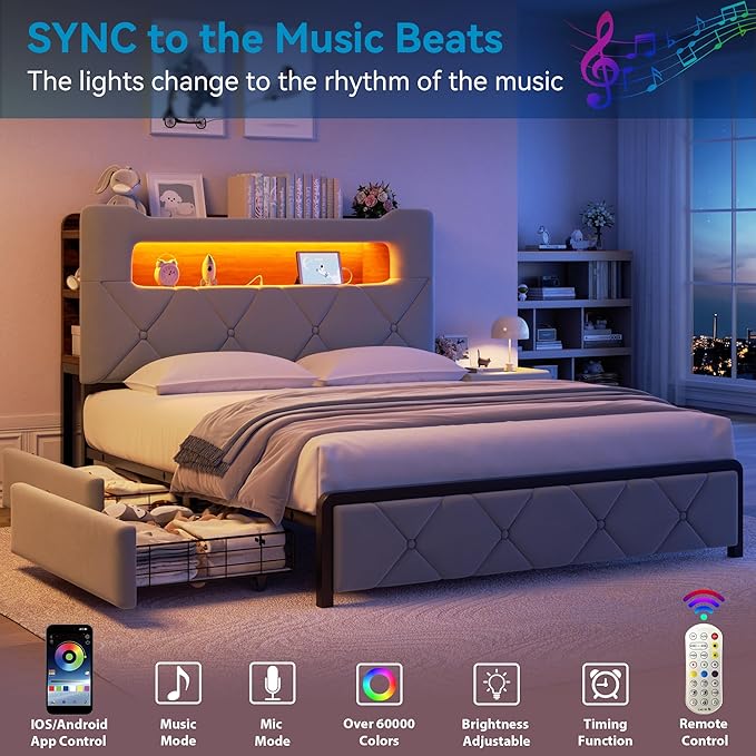 Queen Upholstered LED Bed Frame with 2 Storage Drawers and 2-Tier Storage Headboard, Velvet Platform Bed with Charging Station & Bookcase, Heavy Duty Metal Support, No Box Spring Needed, Grey