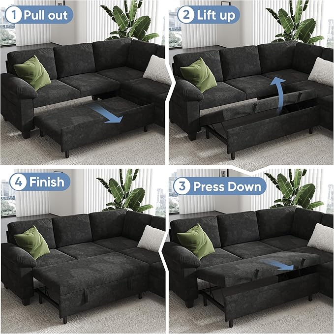 100" Modular Sectional Sleeper Sofa with Pull Out Bed,U Shaped 7 Seat Sectional Sofa with Storage,Modular Couch for Living Room,Deep Seat Couch with Removable Sofa Cover,Black