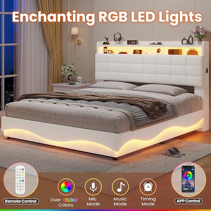 ADORNEVE Lift Up Storage Queen Bed Frame with LED Lights, Hidden Storage Headboard and Charging Station, Upholstered Platform Bed, LED Bed with Hydraulic, No Box Spring Needed, Creamy White