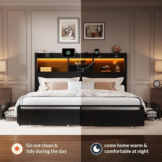 LARMACE Queen Size Bed Frame with 6 Storage Drawers and Headboard Wooden Platform Bed Frame with LED Lights and Charging Station Easy Assembly/No Box Spring Needed/Black
