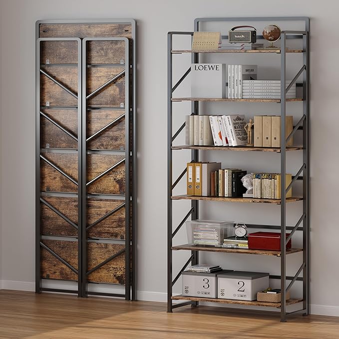 JSB No Assembly Folding Bookshelf, 6 Tier Industrial Metal Book Shelf for Storage, Vintage Wood Foldable Bookcase for Living Room, Bedroom, Office Organization Shelves