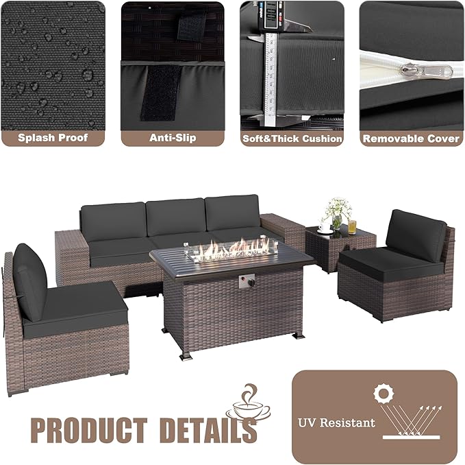 Kurapika 7 Pieces Patio Furniture Set, Rattan Outdoor Conversation Sets w/43in Propane Fire Pit Table and 4 Inch Cushion(Black)