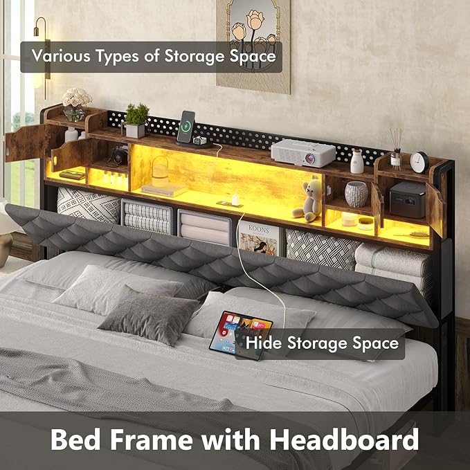 King Bed Frame with Upholstered Headboard, Bed Frame King Size with Hidden Storage,3-Tier Storage Shelves, LED Lights and Charging Station, King Bed with Noise-Free, No Box Spring Needed, Gray