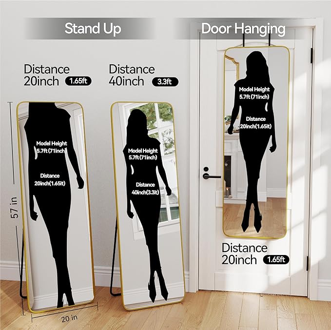 57x20 Door Hanging Full Length Mirror, Floor Stand (Height 5.7ft just Body in1.3ft) Wall Mounted Metal Frame Rectangle Dressing Mirrors for Bedroom Room 57 inch Gold