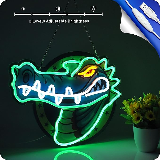 IMTATTO Alligator neon sign crocodile LED light for wall decor, USB powered, bar pub store club garage bedroom, home artwork