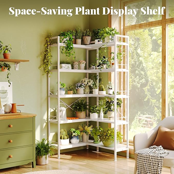 Huuger 5 Tier Bookshelf, L Shaped Corner Bookshelf with 10 Open Shelves, 49.4 Inch Straight Wide Bookcase with Metal Frame and Wooden Board, Adjustable Feet, White