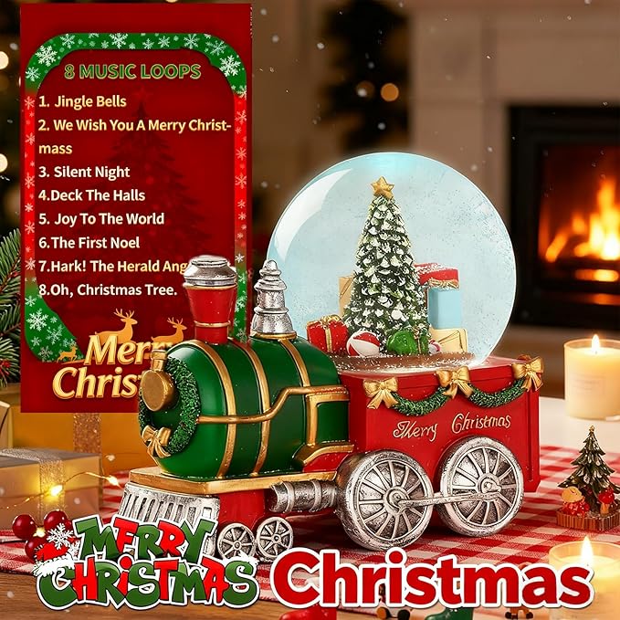 Json Lighted Musical Christmas Train Snow Globe Lantern with Christmas Trees, Battery Operated Water Glittering Lantern with Music and 6H Timer Christmas Table Centerpiece Decoration and Gift