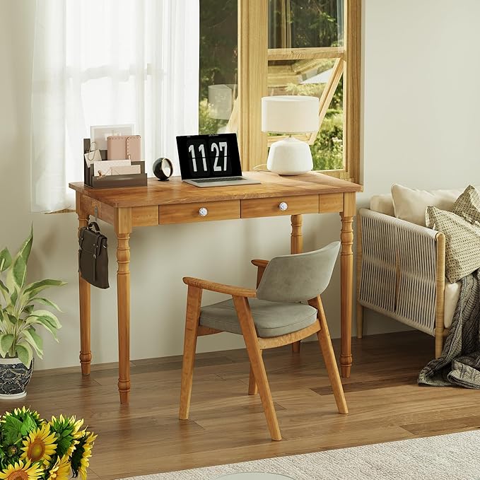 40 Inch Mid Century Modern Desk - Rubber Wood Desk with Drawers, Writing Desks with Drawers, Mid Century Desks for Bedroom, Living Room & Office, Walnut Color