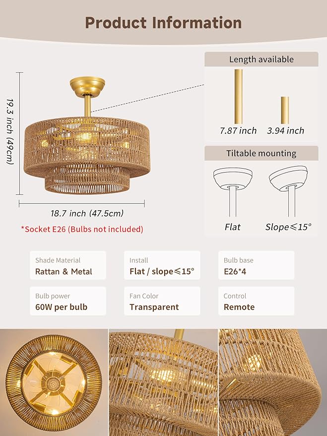 Boho Caged Fandelier with Lights Flush Mount Rattan Ceiling Fan with Lights and Remote Control, Enclosed 6 Speeds Low Profile Fan Light for Bedroom, Living Room, Kitchen