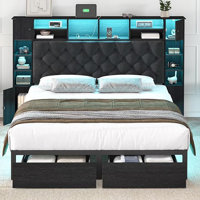 Queen Bed Frame with Bookcase Headboard and Storage Drawers, 51.2" Metal Platform Queen Size Bed Frame with Charging Station and LED Lights, Velvet Upholstered Tufted Bed Frames, Black