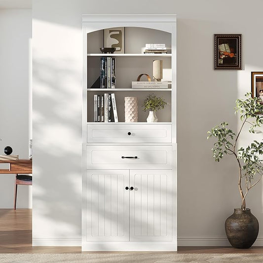 Tall Cabinet with 2 Drawers and Doors, Multi-Functional Storage Unit/Bookcase, Kitchen Cabinets, Pantry Cupboard for Living Room/Home Office/Bathroom, White