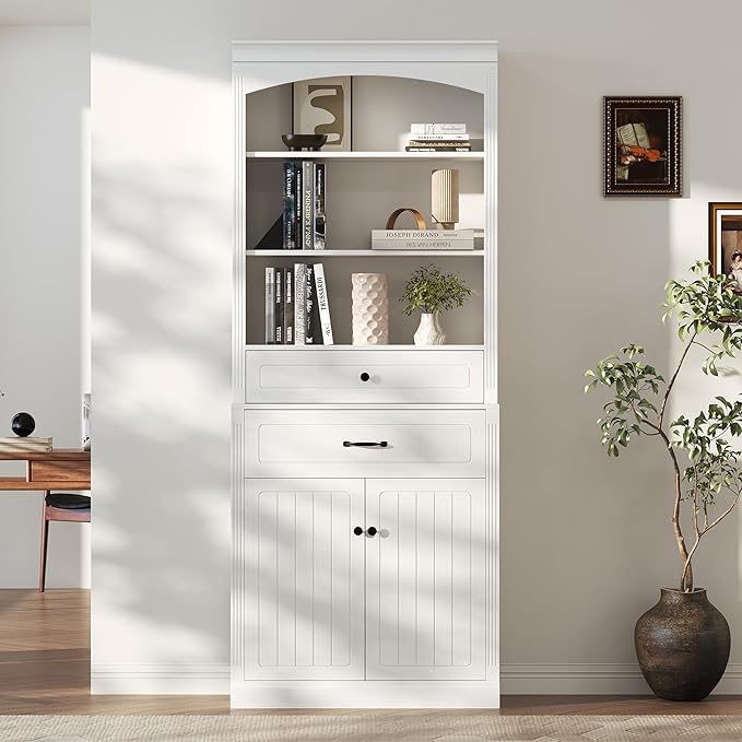 Tall Cabinet with 2 Drawers and Doors, Multi-Functional Storage Unit Set/Bookcase, Kitchen Cabinets, Pantry Cupboard for Living Room/Home Office/Bathroom, White