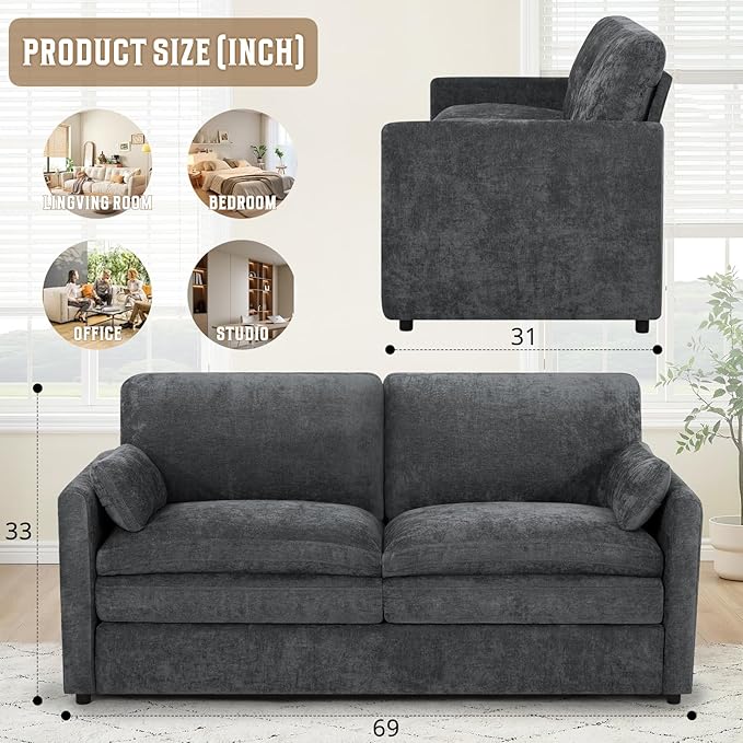 69" Chenille Modern Couch with Cozy & Soft Backrests, 2 Seats Sofa with 2 Extra Pillows, Comfy Upholstered Sofa with Thicker Cushions for Living Room, Office, Grey
