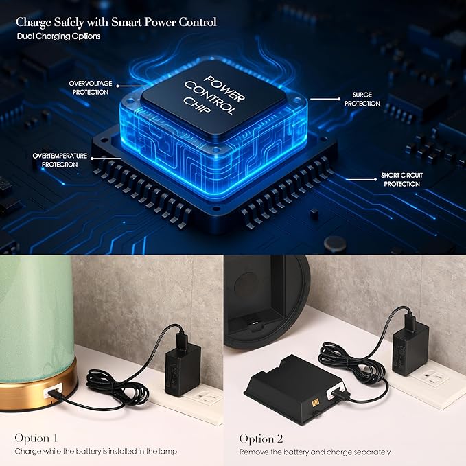 O’Bright Dune - Battery Powered Table Lamp, Rechargeable Cordless Ceramic Lamp, Full-Size 24 Inch Height, 4-Level Dimming, Smart Safety Protection, Type-C Fast Charging, LED Bulb Included, Sage Green