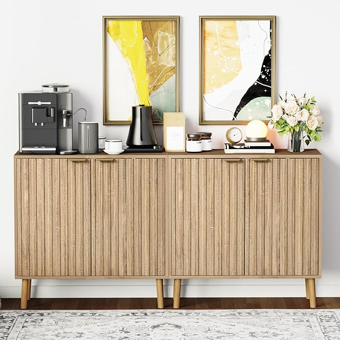 Fluted Storage Cabinet, Free Standing Buffet, Wood Sideboard, Multifunctional Accent Storage for Living Room, Hallway, Entryway, Dining Room (2, Oak)