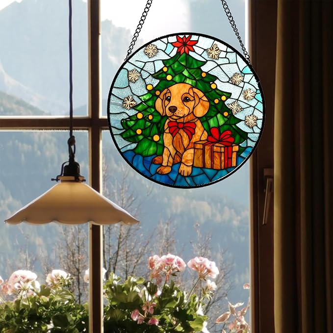 Stained Glass Window Hanging Green Christmas Tree Snowflake Dog 6.3" - Suncatcher Door Garden Sun Catcher Xmas Holiday Decor Birthday for Mom Men Woman Friend Nana