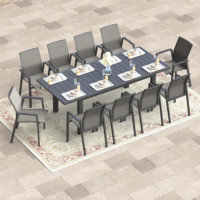 11 Piece Aluminum Outdoor Patio Dining Sets with Fully Assembled Dining Chair，91.3"L×39.4"W Expandable Patio Table and Chairs Set for 10, Stackable Chairs with Quick Drying Fabric, Grey