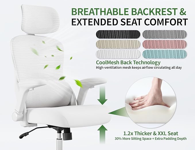White Ergonomic Office Chair: Mesh Desk Chair Comfy with Adjustable Lumbar Support 400lbs High Back Computer Gaming Chair - Big and Tall Office Chairs with Extra Wide Seat-Adults Home Office