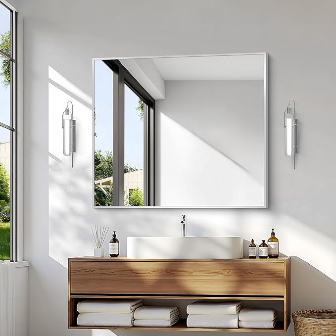 BONEWEI Silver Bathroom Mirror,30x36 inch Wall Mirror for Bathroom Wall Mounted,Rectangle Mirror for Bathroom Over Sink,Modern Metal Frame for Living Room,Bedroom Entryway,Horizontal/Vertical