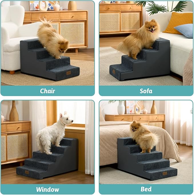 Slope Dog Stairs 15.7" H, Pet Steps for Couch Sofa Chair, Ramp for Small Dogs Puppy Cats Seniors with Removable Washable Cover, 4 Step, Charcoal Grey