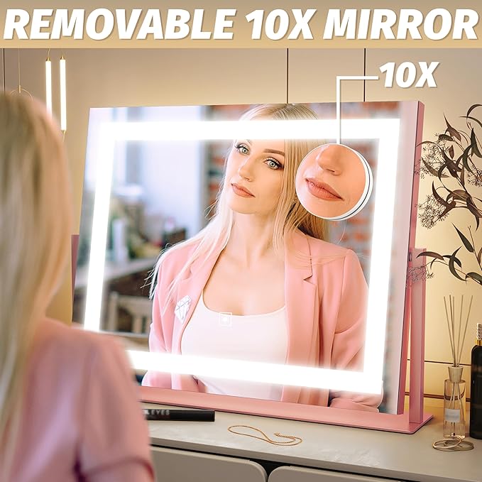 FENNIO Vanity Mirror with Lights 22''x18'' Makeup Mirror with Lights,Lighted Makeup Mirror with 10X Magnification，Smart Touch Screen with 3-Color Lighting,Dimmable（Square Pink）