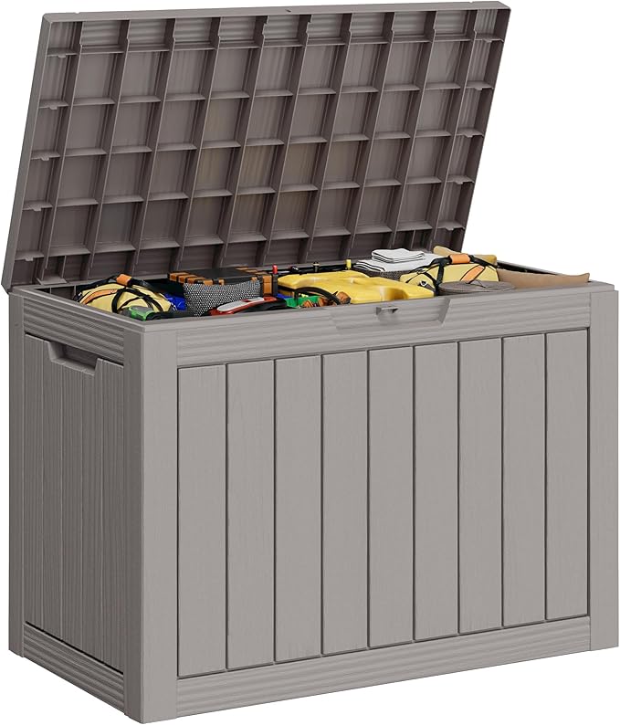 Outdoor Storage Box, Resin Deck Boxes Indoor and outdoor, Waterproof Storage Box Lockable Lid (Grey, 45 Gallon)